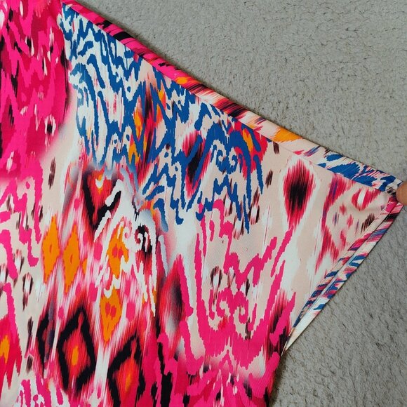 Chico's Top Women's 2 Pink Blue Ikat Print Dolman Sleeves Split Neck Blouse Boho - Picture 5 of 11